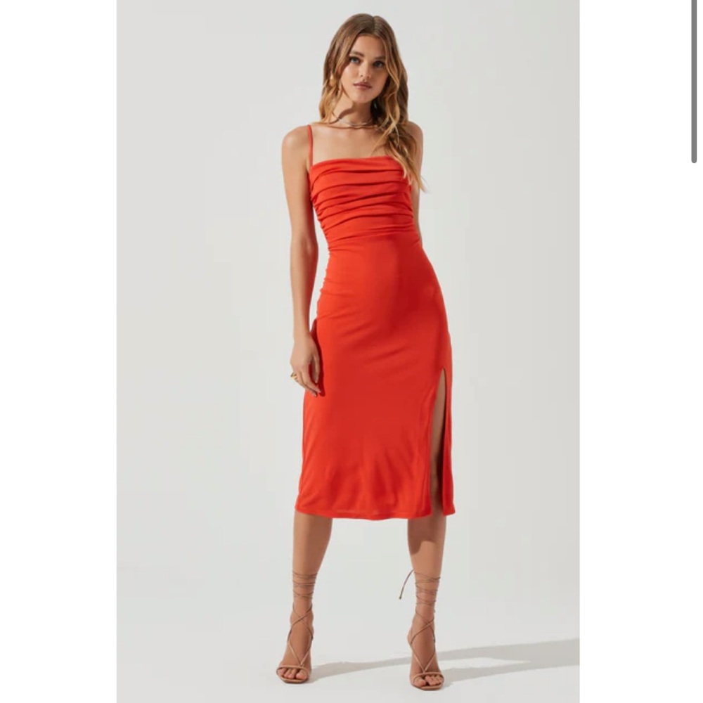 SOLD | ASTR The Label Hot Red Ruched Cutout Midi Dress - Picture 1 of 5